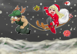  1boy antlers blonde_hair blush box brown_hair christmas collar commentary_request female gift gift_box glasses gloves hat higurashi_no_naku_koro_ni horns long_hair marinba merry_christmas open_mouth red_gloves reindeer_antlers ribbon sack santa_costume santa_hat short_hair smile snow snowing takano_miyo tomitake_jirou 