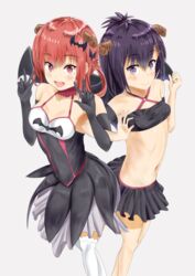  2girls bad_id bad_pixiv_id bat_hair_ornament black_hair blue_eyes blush commentary_request demon_girl demon_horns dress gabriel_dropout hair_ornament hair_rings hallelujah_essaim highres horns long_hair midriff miniskirt multiple_girls navel purple_eyes red_eyes red_hair sakura_shibataro satanichia_kurumizawa_mcdowell short_hair skirt smile vignette_tsukinose_april x_hair_ornament 