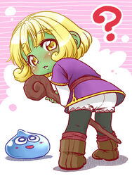  ? bent_over between_legs black_pantyhose blonde_hair blush bob_cut boots brown_footwear colored_skin commentary_request creature curly_hair dragon_quest dragon_quest_x dress dwarf_(dq10) eyelashes female from_behind full_body green_skin holding holding_staff kneepits legs_apart long_sleeves looking_at_viewer looking_back nekomura_otako pantyhose parted_lips purple_dress shadow short_hair short_sleeves shorts shorts_under_dress slime_(dragon_quest) solo staff standing tareme thick_eyebrows white_shorts yellow_eyes 