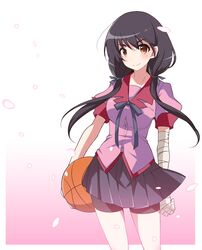  bad_id bad_pixiv_id ball bandages basketball basketball_(object) bike_shorts black_hair brown_eyes female hanamonogatari kanbaru_suruga long_hair monogatari_(series) naoetsu_high_school_uniform school_uniform solo syno twintails 