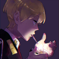  1boy acca_13-ku_kansatsu-ka blonde_hair blue_eyes blurry chromatic_aberration cigarette commentary_request fire jean_otus lighter lighting_cigarette luo. male_focus profile smoking solo uniform 