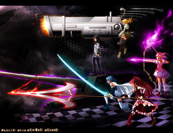  5girls akemi_homura akemi_homura_(magical_girl) alternate_weapon boots bow_(weapon) brown_legwear cape checkered_floor commentary_request detached_sleeves drill_hair fingerless_gloves floating floating_object floating_weapon gloves gun hair_ornament hairpin huge_weapon kaname_madoka kaname_madoka_(magical_girl) letterboxed madoka_runes magical_girl magical_musket mahou_shoujo_madoka_magica mahou_shoujo_madoka_magica_(anime) md5_mismatch miki_sayaka miki_sayaka_(magical_girl) military military_vehicle motor_vehicle multiple_girls multiple_weapons on_vehicle pantyhose pleated_skirt polearm puffy_sleeves ribbon rifle sakura_kyoko sakura_kyoko_(magical_girl) shian_(my_lonly_life.) skirt spear standing striped_clothes striped_thighhighs sword tank thighhighs tiro_finale tomoe_mami tomoe_mami_(magical_girl) twin_drills twintails vertical-striped_clothes vertical-striped_thighhighs weapon white_cape zettai_ryouiki 