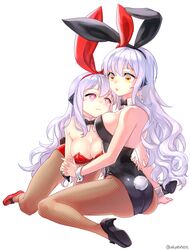  2girls aken animal_ears apple_(elsword) black_leotard bow bowtie breasts cleavage commentary_request detached_collar elsword eve_(elsword) fishnet_pantyhose fishnets highres large_breasts leotard long_hair multiple_girls pantyhose playboy_bunny rabbit_ears rabbit_tail red_eyes red_leotard sitting strapless strapless_leotard tail wariza white_hair wrist_cuffs yellow_eyes 