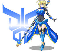  ahoge armor armored_dress artoria_pendragon_(fate) artoria_pendragon_(lancer)_(fate) blonde_hair blue_eyes braid breasts buti-yu commentary_request crossover fate/grand_order fate_(series) female gauntlets hair_bun highres holding holding_weapon kamen_rider kamen_rider_kuuga kamen_rider_kuuga_(series) kuuga_(dragon) large_breasts rider-tan sidelocks single_hair_bun solo weapon 