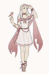  bare_shoulders bracelet dress fire_emblem fire_emblem:_akatsuki_no_megami fire_emblem_heroes flower full_body hair_ribbon hat iktk jewelry long_hair micaiah ribbon sandals silver_hair simple_background sleeveless sleeveless_dress smile solo straw_hat sun_hat sundress sunflower white_dress yellow_eyes yune 