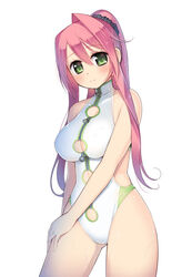  arima_kanae blush breasts cleavage female green_eyes jewelry kashiwamochi_yomogi large_breasts long_hair mature_female one-piece_swimsuit original photoshop_(medium) pink_hair ponytail ring simple_background smile solo swimsuit wedding_ring wet white_one-piece_swimsuit 