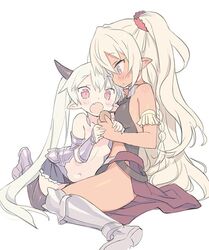  2girls :o armored_boots bare_shoulders black_thighhighs blade_(galaxist) blue_skirt blush boots braid breasts collarbone commentary_request dark-skinned_female dark_skin edelgard_(isekai_maou) hair_between_eyes horns isekai_maou_to_shoukan_shoujo_no_dorei_majutsu knee_boots kneeling krebskrum long_hair multiple_girls navel oerba_yun_fang one_side_up open_mouth parted_lips pleated_skirt pointy_ears profile purple_eyes red_eyes simple_background single_braid single_horn skin_fang skirt small_breasts thighhighs twintails vambraces very_long_hair white_background white_hair 