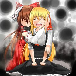  2girls aged_up blonde_hair blush bow brown_hair commentary_request crying detached_sleeves fox_mask hair_over_eyes hair_tubes hairbow hug hug_from_behind long_hair m.u.g.e.n mask multiple_girls nontraditional_miko original osana_reimu rumia sad sendai_hakurei_no_miko tears touhou you_(yousuke968) 