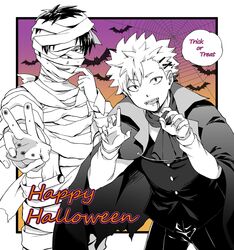  2boys azechi bad_id bad_pixiv_id bat_(animal) blood blood_from_mouth fangs fingernails halloween happy_halloween highres kaidou_shun kuboyasu_aren looking_at_viewer male_focus multiple_boys mummy saiki_kusuo_no_psi_nan sharp_fingernails silk smile spider_web trick_or_treat vampire 