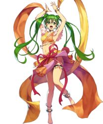  anklet armpits arms_up barefoot breasts choker chyko commentary_request dancer double_bun earrings female fire_emblem fire_emblem:_genealogy_of_the_holy_war fire_emblem_heroes full_body green_eyes green_hair hair_bun highres jewelry long_hair medium_breasts midriff navel official_art open_mouth silvia_(fire_emblem) skirt smile solo thigh_strap toes transparent_background twintails 