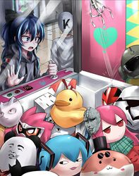  1boy ^^^ against_glass bird blue_eyes blue_hair bow character_doll character_request chibi commentary_request crane_game drawstring duck failure female flying_sweatdrops french_flag fumo_(doll) hairbow hata_no_kokoro hatsune_miku heart highres hood hoodie jacky_cheung jaeger_(rainbow_six_siege) jojo_no_kimyou_na_bouken kaitou_sentai_lupinranger_vs._keisatsu_sentai_patranger kamen_rider kamen_rider_ex-aid kamen_rider_ex-aid_(series) killer_queen long_hair lupinred mask max-k meme pandaman_(meme) rainbow_six_siege sheer_heart_attack shiteyan&#039;yo star_wars star_wars:_the_force_awakens stone_mask_(jojo) stormtrooper sukusuku_hakutaku super_sentai surprised touhou vocaloid yorigami_jo&#039;on yorigami_shion 