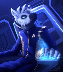  2018 anthro blue_eyes clothed clothing digital_media_(artwork) equid equine fur male mammal officer ripper_equidae science_fiction silkycurve solo star_trek star_trek_discovery starfleet_insignia striped_body striped_fur stripes uniform zebra 