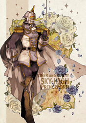  1boy blue_flower blue_rose boots cape commentary_request epaulettes floral_background flower glint helmet keith_goodman knee_boots male_focus petals rapier rose rose_background rose_petals sachiko_(omame) sky_high_(tiger_&amp;_bunny) solo superhero_costume sword tiger_&amp;_bunny weapon white_flower white_rose 