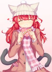  alternate_costume alternate_hairstyle animal_ears beanie blush box cat_ears closed_eyes coat commentary_request extra_ears female gift gift_box hair_down hat hat_with_ears heart heart-shaped_box highres incoming_gift kaenbyou_rin long_hair long_sleeves multiple_tails open_clothes open_coat partial_commentary psychopath_idiot red_hair scarf smile solo tail touhou two_tails valentine 