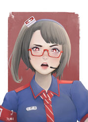  artist_name bangs black_hair blush female glasses highres internet_positif ipo-chan looking_at_viewer necktie open_mouth red-framed_eyewear red_eyes reijubv semi-rimless_eyewear sidelocks solo teeth under-rim_eyewear 