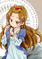  bracelet brooch brown_hair choker commentary_request cosplay dokidoki!_precure dress earrings female heart heart_brooch jewelry long_hair madoka_aguri marie_ange marie_ange_(cosplay) nita_(onakatohoppe) precure red_eyes self_cosplay solo tiara 