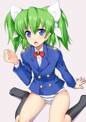  1boy blue_eyes blush bulge crossdressing cruz_schild green_hair male_focus nagase_haruhito needless no_pants otoko_no_ko panties short_twintails solo striped_clothes striped_panties twintails underwear yamada_(needless) 