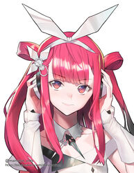  absurdres beatmania_iidx commentary_request female gloves hair_ornament headphones highres looking_at_viewer mmlyno photoshop_(medium) red_hair smile solo umegiri_ameto white_gloves 