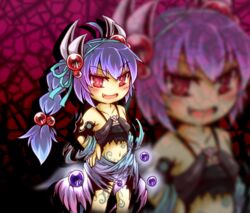  ahoge commentary_request duel_monster female hair_bobbles hair_ornament hair_ribbon long_hair midriff oerba_yun_fang open_mouth purple_hair red_eyes ribbon sore_(whirlwind) traptrix_atrax yu-gi-oh! 