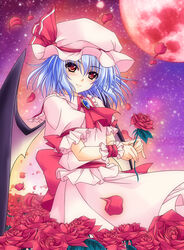  aoi_hiro ascot bat_wings blue_hair commentary_request female flower hat holding looking_at_viewer mob_cap moon orange_eyes petals photoshop_(medium) red_moon remilia_scarlet rose short_hair smile solo touhou wind wings wrist_cuffs 