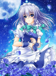  aoi_hiro blue_eyes bow braid commentary_request female flower full_moon grey_hair hair_ribbon hairbow holding izayoi_sakuya long_hair looking_at_viewer maid maid_headdress moon parted_lips petals photoshop_(medium) ribbon rose solo touhou twin_braids wind wrist_cuffs 