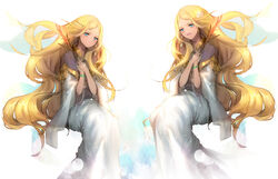  2girls blonde_hair blue_eyes circlet commentary_request earrings jewelry juuni_kokuki long_hair multiple_girls nal_(nal&#039;s_pudding) photoshop_(medium) sairin_(juuni_kokuki) simple_background sitting time_paradox very_long_hair white_background 