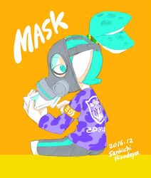  1boy armband artist_name bike_shorts blue_eyes blue_hair cellphone character_name commentary_request dated gas_mask half-closed_eyes hinodeya_sankichi looking_at_viewer looking_back male_focus mask mask-kun_(splatoon) orange_background phone pointy_ears signature simple_background sitting smartphone solo splatoon_(manga) splatoon_(series) splatoon_1 tentacle_hair topknot 