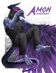  2018 3_toes amon amon-sydonai ars_goetia barefoot beak bottomwear claws clothing demon feathers feet glowing glowing_eyes hi_res hoodie horn male muscular muscular_male pants plantigrade solo toe_claws toes topwear 