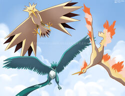  2014 ambiguous_gender articuno avian bird cloud day detailed_background digital_media_(artwork) european_mythology feral flying generation_1_pokemon greek_mythology group legendary_birds legendary_pokemon legendary_trio moltres mythological_avian mythological_bird mythological_creature mythological_firebird mythology nintendo outside phoenix pokemon pokemon_(species) sapphireluna signature sky text trio url wings zapdos 