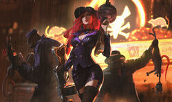  2boys breasts cleavage commentary crime_city_miss_fortune earrings english_commentary female freckles garter_straps gun half-closed_eyes hat heart highres jewelry large_breasts league_of_legends lips looking_at_viewer makeup miss_fortune_(league_of_legends) mouse_(animal) multiple_boys official_art pencil_skirt pinstripe_pattern rain red_hair skirt snatti striped submachine_gun thighhighs thompson_submachine_gun weapon wet 