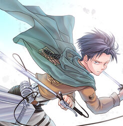  1boy black_hair cape commentary_request dual_wielding emblem holding jacket levi_(shingeki_no_kyojin) male_focus paradis_military_uniform photoshop_(medium) shingeki_no_kyojin solo survey_corps_(emblem) sword thigh_strap three-dimensional_maneuver_gear weapon yappo_(point71) 