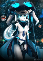  abyssal_ship blue_eyes cape colored_skin commentary_request female glowing glowing_eyes headgear holding kantai_collection long_hair onasuba solo staff torpedo white_hair white_skin wo-class_aircraft_carrier 