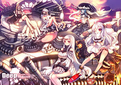  aqua_eyes aqua_hair barefoot battleship-symbiotic_hime black_hair bodysuit breasts cleavage dress eva200499 gloves group headdress horns kantai_collection long_hair midway_hime northern_ocean_hime orange_eyes panties seaport_hime underwear weapon white_hair wo-class_aircraft_carrier 