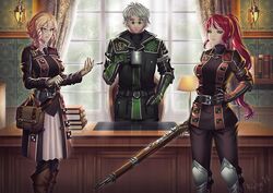  1boy 2girls artist_name blonde_hair breasts coffee_mug commentary commission cup english_commentary glasses glynda_goodwitch grey_hair gun large_breasts military military_uniform mug multiple_girls office professor_ozpin pyrrha_nikos red_hair rialynkv riding_crop rifle rwby senjou_no_valkyria_(series) senjou_no_valkyria_3 soldier uniform weapon 