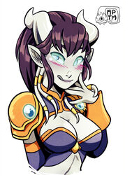  borrowed_character breasts cleavage colored_skin commentary_request detached_sleeves draenei female green_eyes medium_breasts monara_(dr_graevling) my_pet_tentacle_monster player_character_(wow) pointy_ears purple_hair purple_skin short_hair solo warcraft 