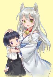  2girls :d ama-tou animal_ears bell blunt_bangs blush_stickers bowl_cut breasts capelet cleavage collar commentary dress fox_ears genderswap_(mtf) grey_hair gugure!_kokkuri-san hair_between_eyes hand_on_another&#039;s_head height_difference hug ichimatsu_kohina japanese_clothes jitome jpeg_artifacts kimono kokkuri-san_(gugukoku) lolicon long_hair long_sleeves looking_at_breasts looking_at_viewer medium_breasts multiple_girls neck_bell neck_ribbon obi open_mouth purple_eyes ribbon rule_63 sash short_hair simple_background sleeve_cuffs smile traditional_clothes wide_sleeves yellow_background yellow_eyes 