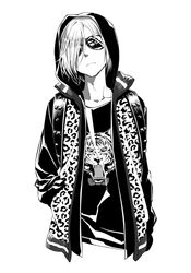  1boy animal_print bad_id bad_pixiv_id greyscale hair_over_one_eye hand_in_pocket highres hood hoodie leopard_print male_focus minamibe monochrome solo sunglasses tiger yuri!!!_on_ice yuri_plisetsky 