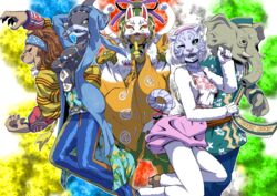  2girls 3boys ;d amu_(doubutsu_sentai_zyuohger) arms_up blue_jacket blue_pants breasts brown_footwear claws commentary_request cropped_jacket doubutsu_sentai_zyuohger floral_print fox_mask fur_jacket grey_eyes hairband high_heels highres index_finger_raised jacket kiwa_(pokemonwars) kyuemon_izayoi leo_(doubutsu_sentai_zyuohger) long_sleeves looking_at_viewer mask medium_breasts multicolored_background multiple_boys multiple_girls one_eye_closed open_clothes open_jacket open_mouth pants pink_hairband pink_shorts profile puffy_shorts ribbon ribbon-trimmed_sleeves ribbon_trim sera_(doubutsu_sentai_zyuohger) sharp_teeth shoes shorts shuriken_sentai_ninninger slit_pupils small_breasts smile super_sentai tail tassel teeth tusk_(doubutsu_sentai_zyuohger) whiskers white_jacket white_ribbon wide_sleeves 