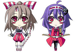  2girls ahoge aoi_hiro blush_stickers bow_(weapon) brown_hair chibi commentary_request hair_flaps hair_ornament hairband holding kantai_collection long_hair looking_at_viewer multiple_girls muneate pantyhose photoshop_(medium) ponytail purple_hair red_eyes ryuuhou_(kancolle) school_uniform serafuku smile taigei_(kancolle) weapon whale_hair_ornament zuihou_(kancolle) 