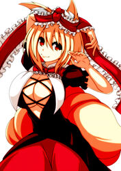  animal_ears blonde_hair blush bow breasts cleavage commentary_request cosplay female fox_ears fox_tail frills hair_ribbon hairbow kagiyama_hina kagiyama_hina_(cosplay) large_breasts merry_(diameri) multiple_tails puffy_short_sleeves puffy_sleeves red_eyes ribbon short_hair short_sleeves skirt smile solo tail touhou yakumo_ran 