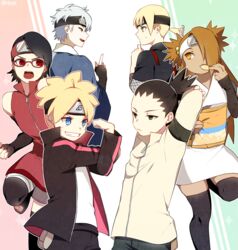  2girls 4boys akimichi_chouchou arms_behind arms_up boruto:_the_movie eating forehead_protector mitsuki_(naruto) multiple_boys multiple_girls nara_shikadai naruto nipye potato_chips red_eyes sharingan uchiha_sarada uzumaki_boruto yamanaka_inojin 