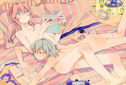  2boys ass bad_id bad_pixiv_id barefoot bed blue_eyes book green_hair headphones inazuma_eleven_(series) inazuma_eleven_go kariya_masaki kirino_ranmaru lying male_focus multiple_boys mysterymiharu nude on_back on_stomach otoko_no_ko pink_hair raimon raimon_soccer_uniform reading soccer_uniform sportswear twintails yellow_eyes 