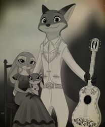  2017 anthro canid canine clothing coco_(pixar) cosplay day_of_the_dead dipstick_ears disney dress ear_markings ears_down family fan_character female fox greyscale group guitar hector_rivera holding_object holidays hybrid imelda_rivera judy_hopps lagomorph leporid looking_at_viewer mama_coco mammal mariachi_suit mexican_dress monochrome multicolored_ears musical_instrument nick_wilde photo pivoted_ears pixar plucked_string_instrument rabbit red_fox sitting size_difference skelly_doll standing string_instrument true_fox violet_(zootopia) young young_anthro zootopia 