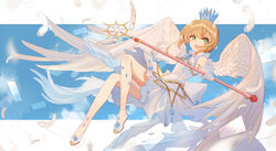  :d absurdres ahoge bison_cangshu blue_sky blurry cardcaptor_sakura cardcaptor_sakura_clear_card_arc clear_card cloud commentary crown day depth_of_field dress english_commentary feathered_wings feathers female flying gloves green_eyes highres holding holding_wand kinomoto_sakura kinomoto_sakura_(crystal_feather_dress) light_brown_hair looking_at_viewer magical_girl no_socks open_mouth outdoors outside_border outstretched_arm shoes sky smile solo star_(symbol) sunlight wand white_dress white_footwear white_gloves white_wings wings yume_no_tsue 