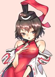  androgynous bad_id bad_twitter_id black_hair blush breasts china_dress chinese_clothes commentary_request detached_sleeves dress female genderswap_(otf) grey_eyes hat large_breasts len&#039;en ofuda ofuda_on_clothes rule_63 senri_tsurubami short_hair smile solo wei_li 