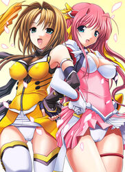  2girls beat_angel_escalayer blue_eyes breasts brown_hair choukou_sennin_haruka cleavage commentary_request covered_nipples escalayer fingerless_gloves gloves green_eyes hairband hand_on_own_hip highres kouenji_sayuka long_hair magical_girl medium_breasts multiple_girls open_mouth panties petals photoshop_(medium) red_hair takamori_haruka thighhighs underwear v-mag white_panties 