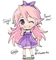  chibi commentary_request dress female fire_emblem fire_emblem_fates hairband highres long_hair looking_at_viewer one_eye_closed pink_hair pomme_(lazzledazzle) purple_eyes ribbon simple_background smile soleil_(fire_emblem) solo 