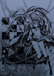  bikini bikini_top_only black_hair black_rock_shooter black_rock_shooter_(character) blue_theme boots chains checkered coat commentary_request faux_traditional_media female highres inazumrai long_hair midriff monochrome navel no_shirt scar shorts solo star_(symbol) swimsuit twintails very_long_hair weapon zipper 