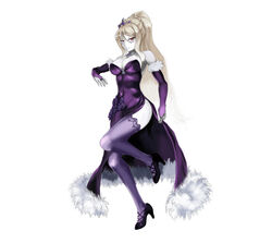  bad_id bad_pixiv_id bare_shoulders black_hair blonde_hair blush colored_skin covered_navel crown detached_sleeves dress female full_body fur_trim grey_skin high_heels long_hair looking_at_viewer monster_girl monster_girl_encyclopedia pale_skin photoshop_(medium) ponytail purple_dress purple_thighhighs red_eyes simple_background smile solo subete_no_houkou tachi-e thighhighs thighs very_long_hair white_background wight_(monster_girl_encyclopedia) zombie 