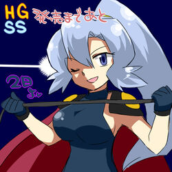  bare_arms blue_background blue_eyes blue_hair bracelet breasts cape copyright_name creatures_(company) d female fukumitsu_(kirarirorustar) game_freak gloves gym_leader hair_between_eyes hair_ornament high_ponytail ibuki_(pokemon) jewelry large_breasts long_hair nintendo one_eye_closed open_mouth pokemon pokemon_(game) pokemon_gsc pokemon_hgss ponytail sideboob simple_background smile solo spandex text 